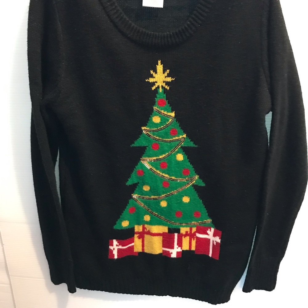 Holiday sequin Gifts Christmas Pine Tree Blk Pullover Sweater Medium